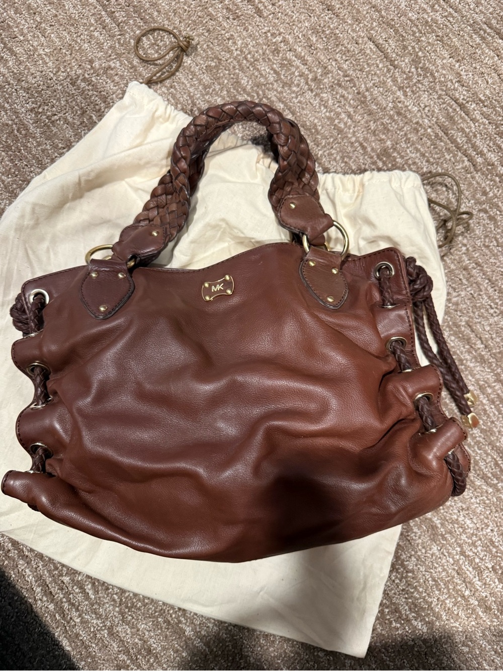 Michael Kors Chocolate Brown Leather Braided-Handle Shoulder Bag